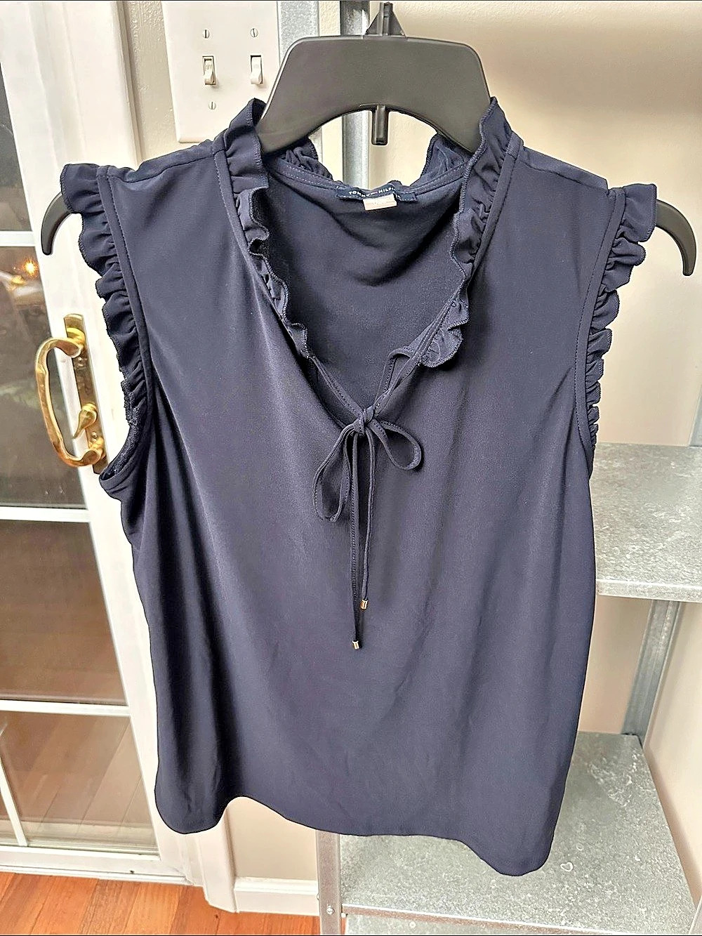 Tommy Hilfiger Sleeveless Ruffle Tie-Neck Blouse Blue